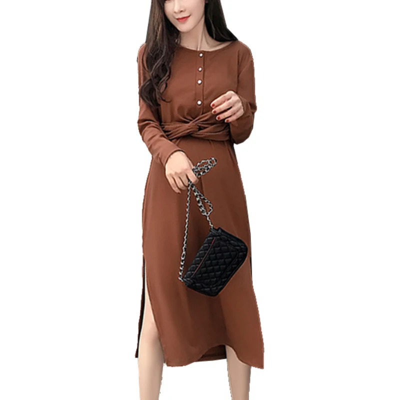 Осень Плюс Slim Fit кормящих миди длинное платье для беременных Разделение бантом
