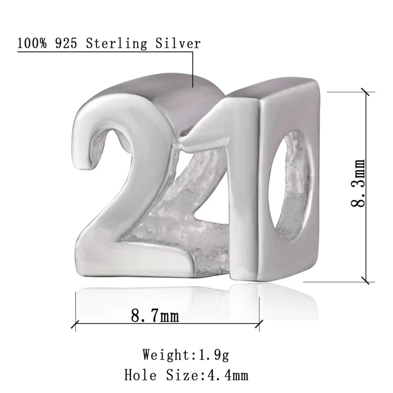 Choruslove Genuine 925 Sterling Silver Birthday Milestones Number 21 Charm Bead fits Pandora Charms Bracelets SS2947 | Украшения и