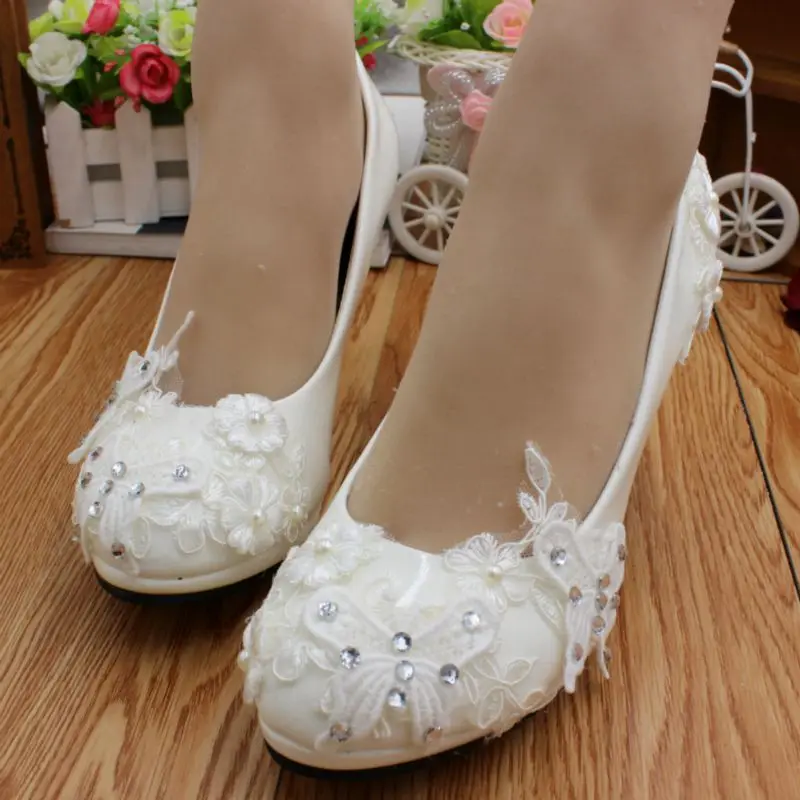 

White lace crystal wedding shoes woman HS062 female round toes platforms high heeled butterfly romantic bridal pumps dress shoes