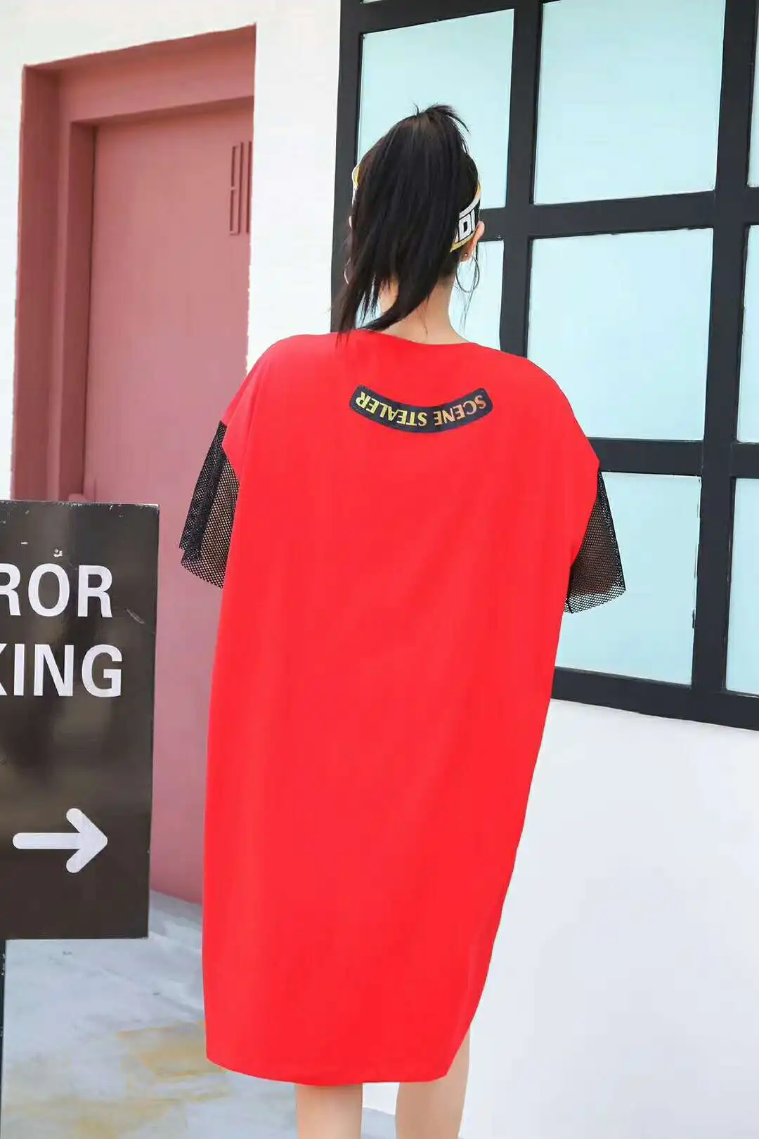 Vefadisa Women Red Orange Stitching Color Dress With Rhinestone Lovely Dog Print T Shirt Mesh Patchwork DressZQY252A |