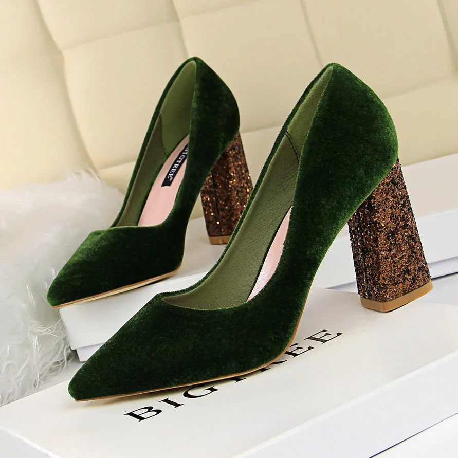 Green 8.5CM BIGTREE/Женская обувь; коллекция года; летние туфли-лодочки на высоком каблуке; блестящие туфли на квадратном каблуке с блестками; пикантные модные свадебные женские туфли; scarpe donna tacco - Цвет: Green 8.5CM