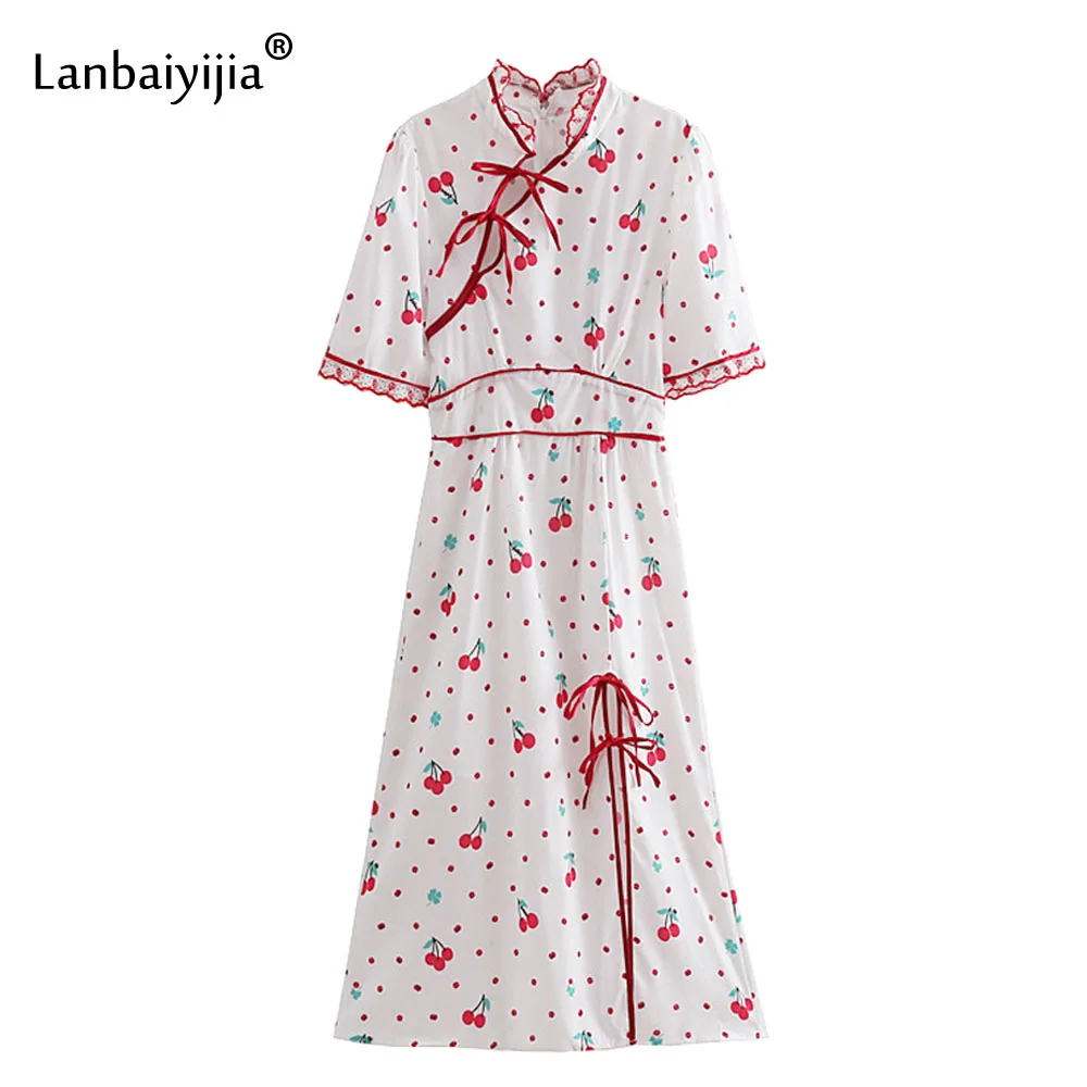 Платье Lanbaiyijia женское длинное в горошек милое кружевное модное с