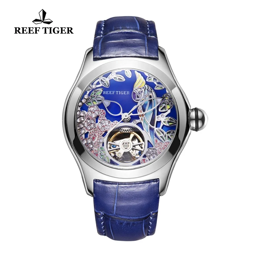 Reef Tiger Top Brand Luxury Women Watches Blue Leather Strap Analog Mechanical Watches Steel Sport Watches RGA7105 enlarge
