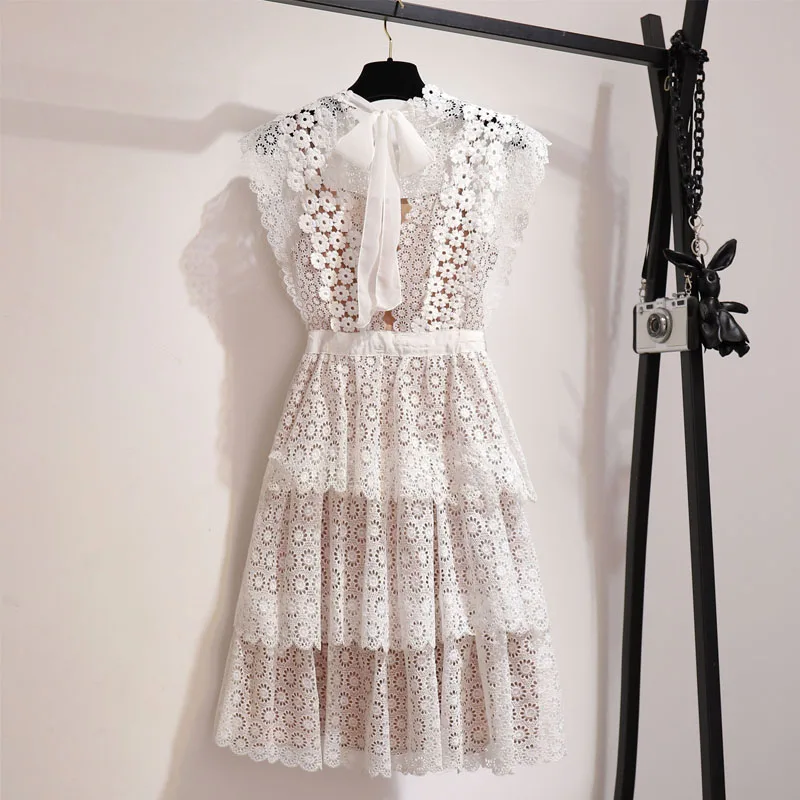 Женское кружевное платье Korobov белое с высокой талией на лето 78406|Женские платья| |