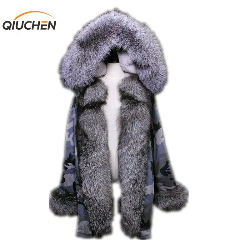 Новинка длинная камуфляжная серая зимняя куртка QIUCHEN PJ6003 женская верхняя одежда