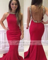 fashionable red rhinestone beaded satin prom dresses cheap vestido de formatura backless mermaid formal party dress custom made