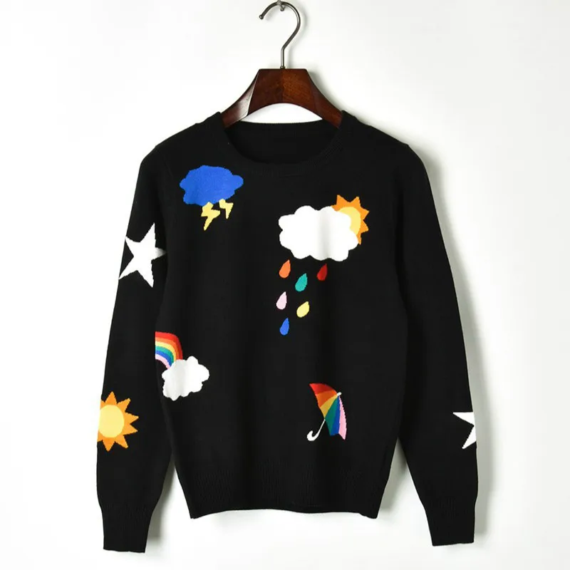 New 2018 Autumn Women's Sweaters Cute Jacquard Cloud Stars Female Casual Pullover High Street Jumper Full Sleeves Collage Tops | Женская