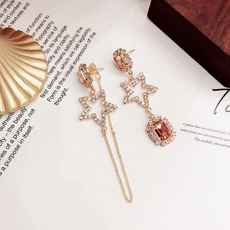 Korea Sweet Crystal Rhinestone Hollow Star Long Asymmetric Drop Earrings for Women Fashion Temperament Jewelry Brincos Wholesale | Украшения