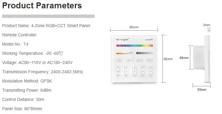2,4 г Ми свет B4 T4 RGB+ CCT Управление; 4 зоны отдельно Управление теплый белый/белый диммер сенсорный Панель для светильники на светодиодах RGBW