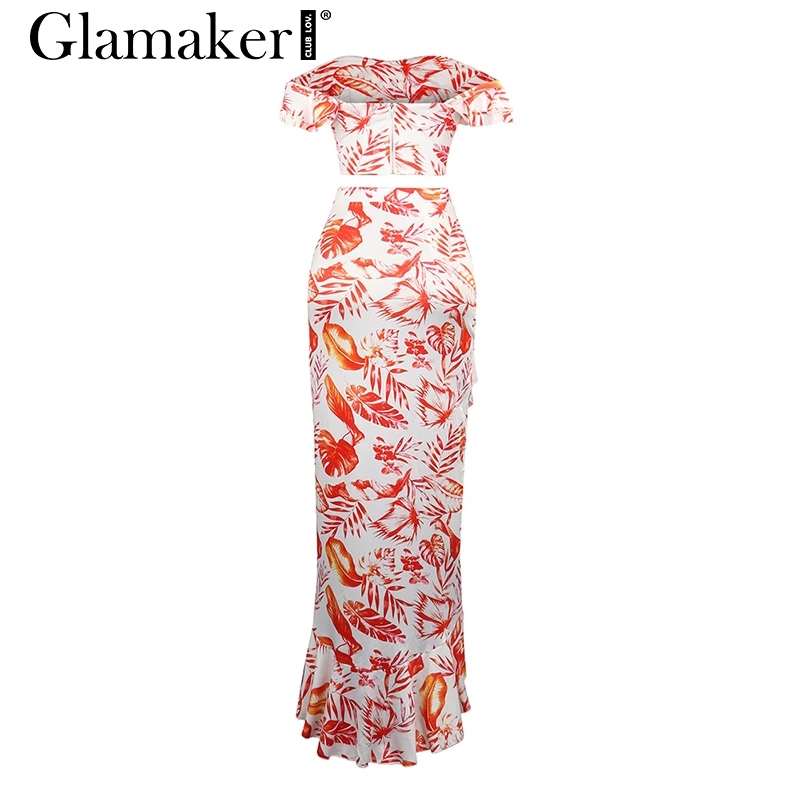 Glamaker, сексуальное платье с асимметричным подолом с оборками, длинное платье для вечеринки, женское платье с открытыми плечами, комплект из 2 предметов, летнее Клубное платье, женское цветочное Пляжное Платье Макси