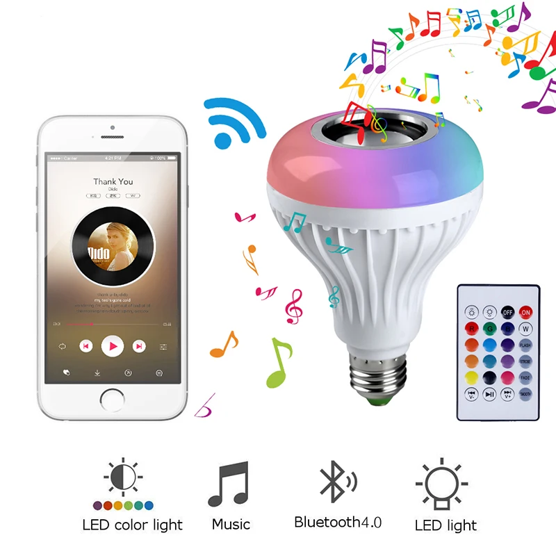 Умная Светодиодная лампа E27 музыкальная RGB Беспроводная bluetooth колонка 12 Вт