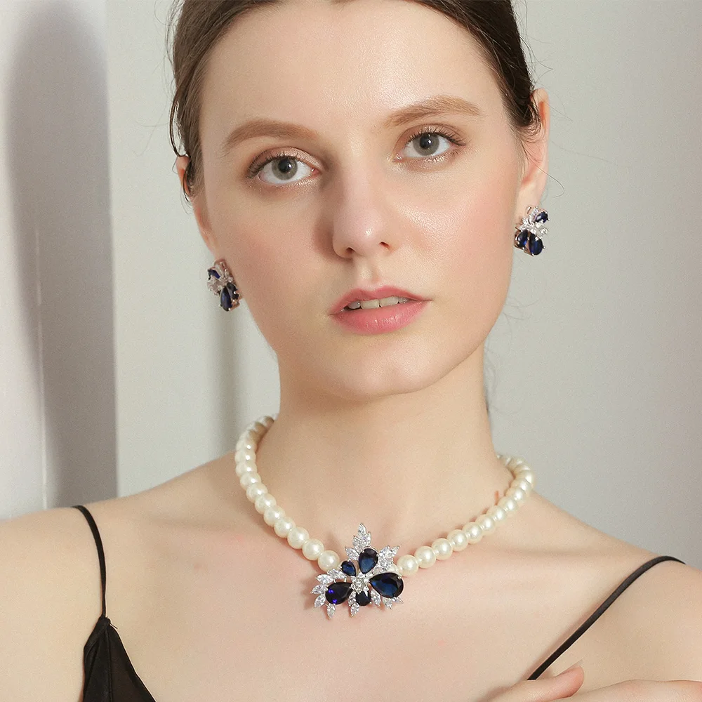 Viennois Синий Циркон Rhinestone позолоченный Имитация Ювелирные изделия из жемчуга набор для женская свадебная горный хрусталь проложили Свадебные украшения