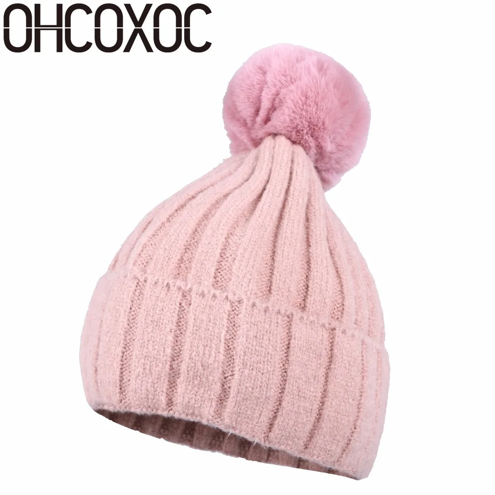 OHCOXOC, новинка, женские шапочки, настоящий мех кролика, помпоны, шапочки, сохраняющие тепло, шапочки Skullies, одноцветные, в полоску, на осень и зиму, шапка
