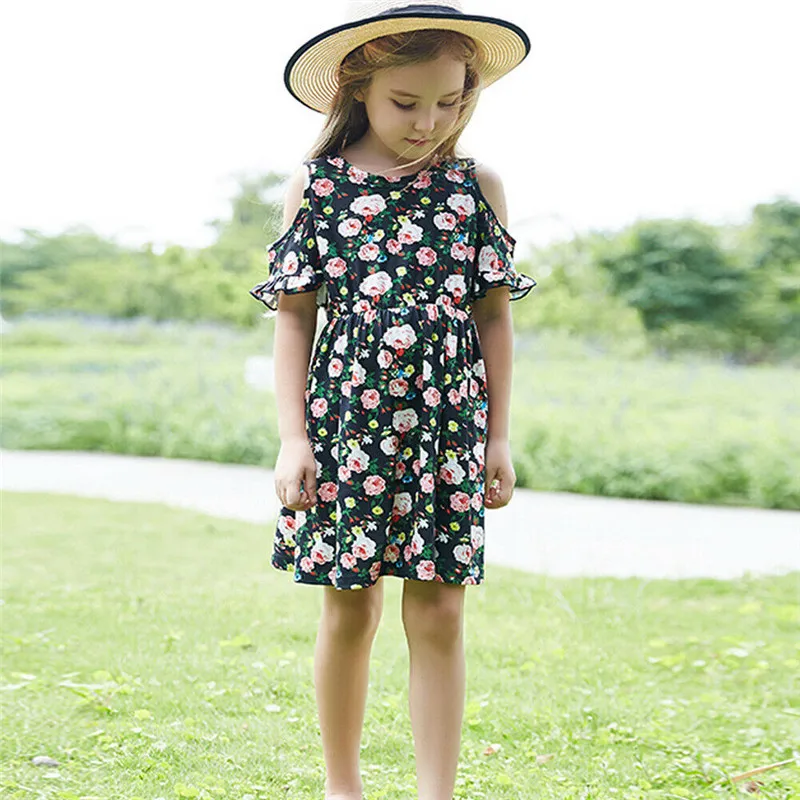 Children Dresses Kids Girl Short Sleeve Off Shoudler Flower Print Dress Baby Summer Hot Princess Sundress Clothings | Детская одежда и