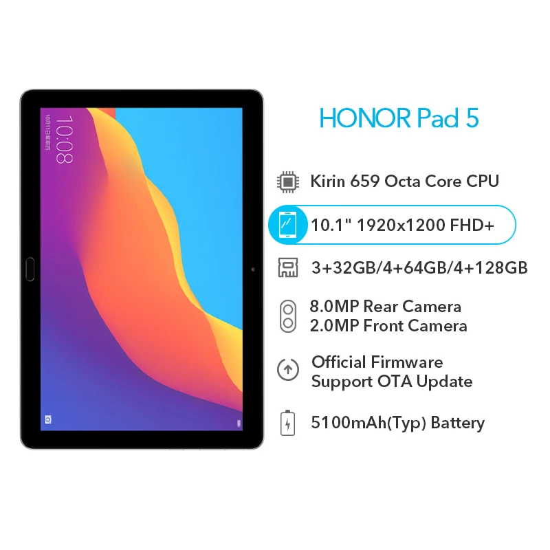 Honor Pad 5 планшет 10 1 &quot32 ГБ/64 Гб/128 ГБ отпечаток пальца ID Kirin 659 Восьмиядерный 8.0MP Face 5100