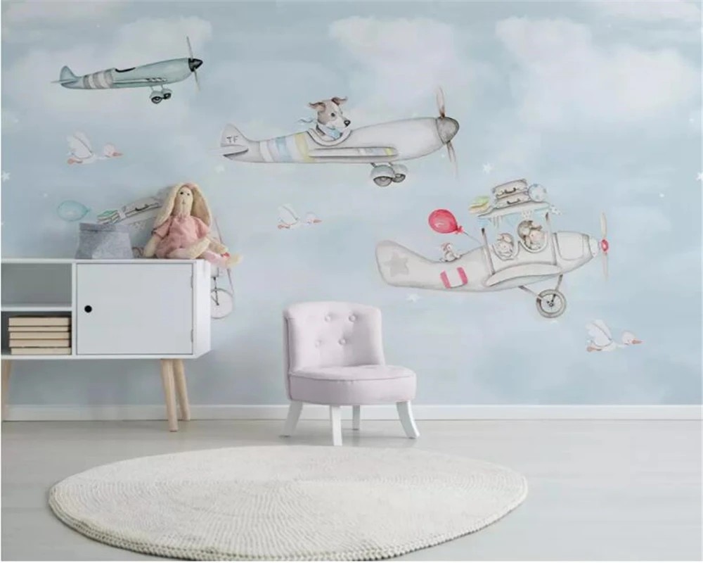 Фотообои beibehang на заказ роспись вручную Мультяшные животные самолет щенок фон