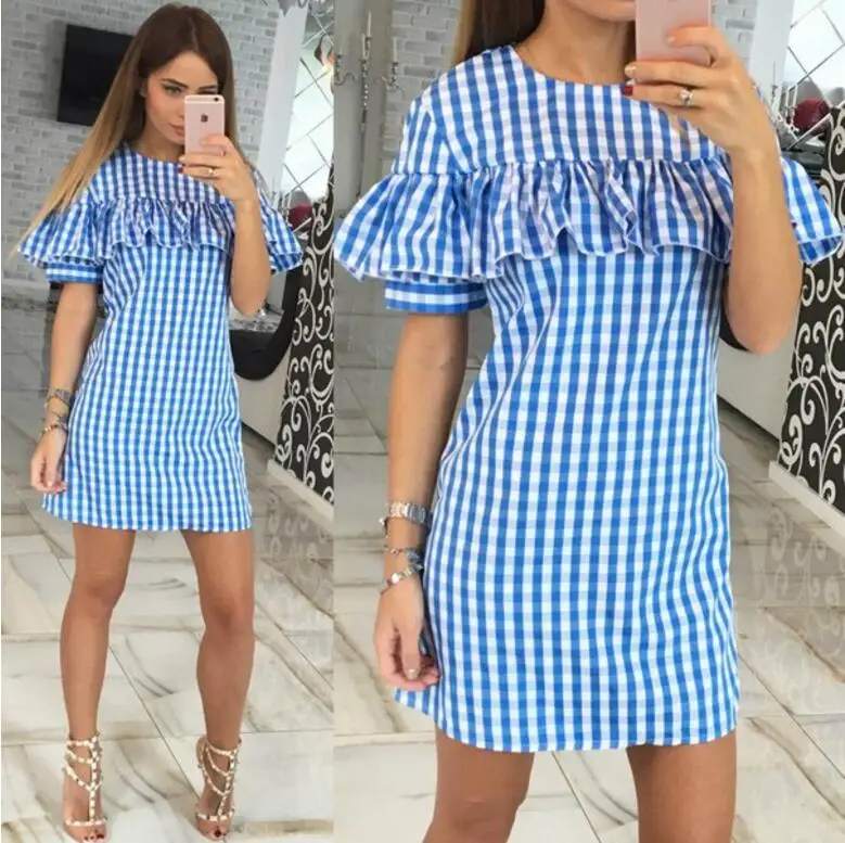 Новые 2017 Летние Платья Женщины Партия Bodycon Элегантный Dress Ruffled Плед vestidos | Женская