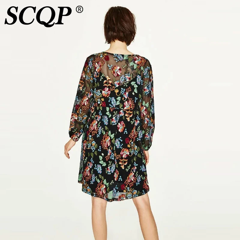 SCQP черный Вышивка цветочный цветы с круглым вырезом летнее платье 2017 длинным