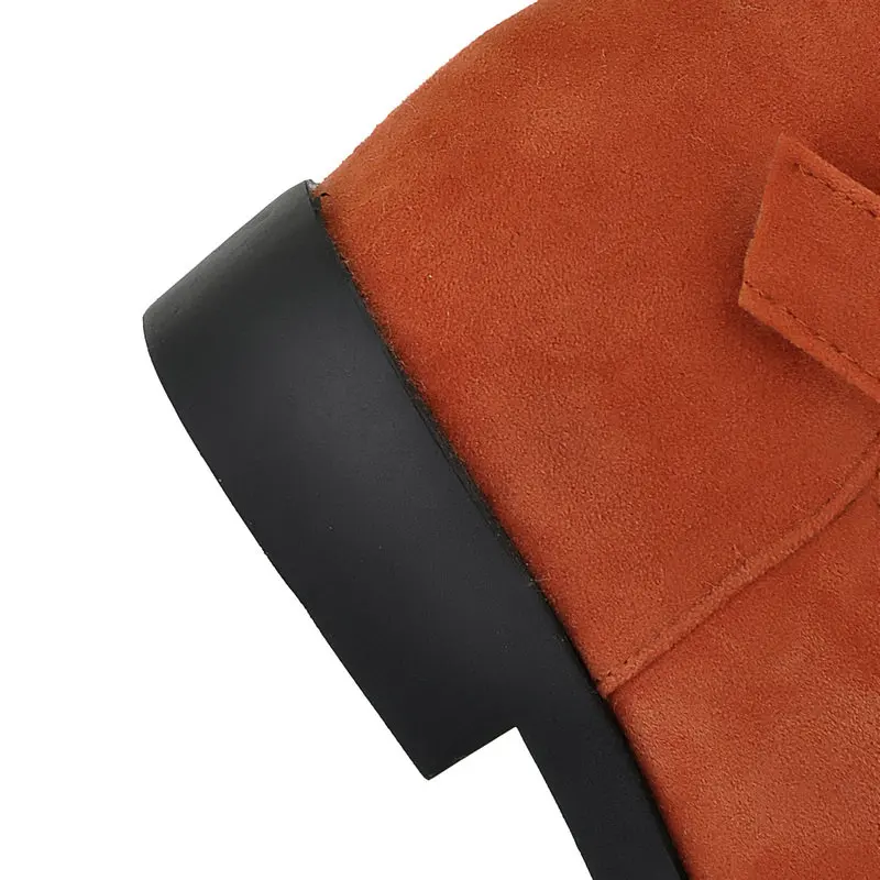 QUTAA Scrub Fashion Round Toe Casual Mid Calf Boots Buckle Comfort Low Heel Winter Warm Fur Orange Women Shoes Size 34-40