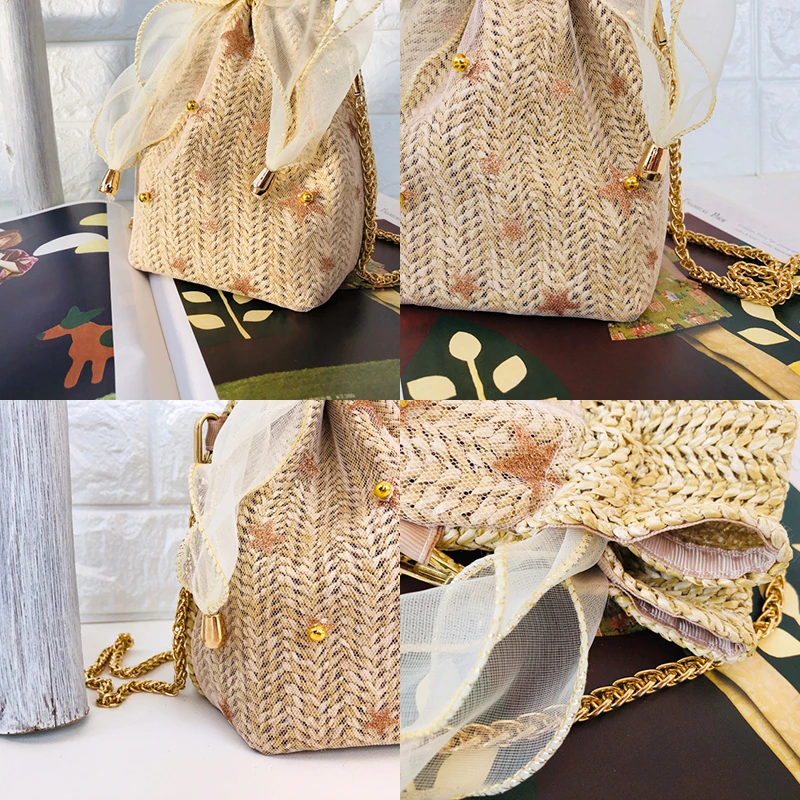 Girly Straw&amp Organza Bucket Bag Teenager Sweet Cute Small Messenger Women Korean Style Fashion Summer Chain Crossbody | Багаж и сумки