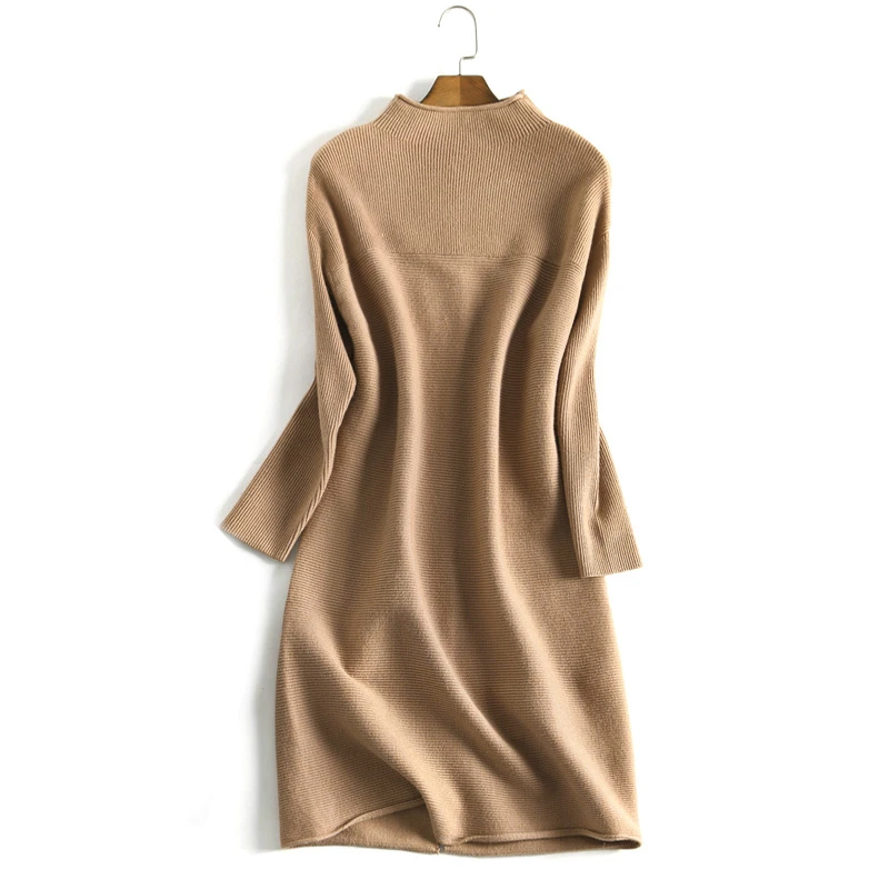 women's fashion wool knit mid-long pullover sweater dress half-high collar wide waist H-style drop-shoulder sleeve S-2XL | Женская