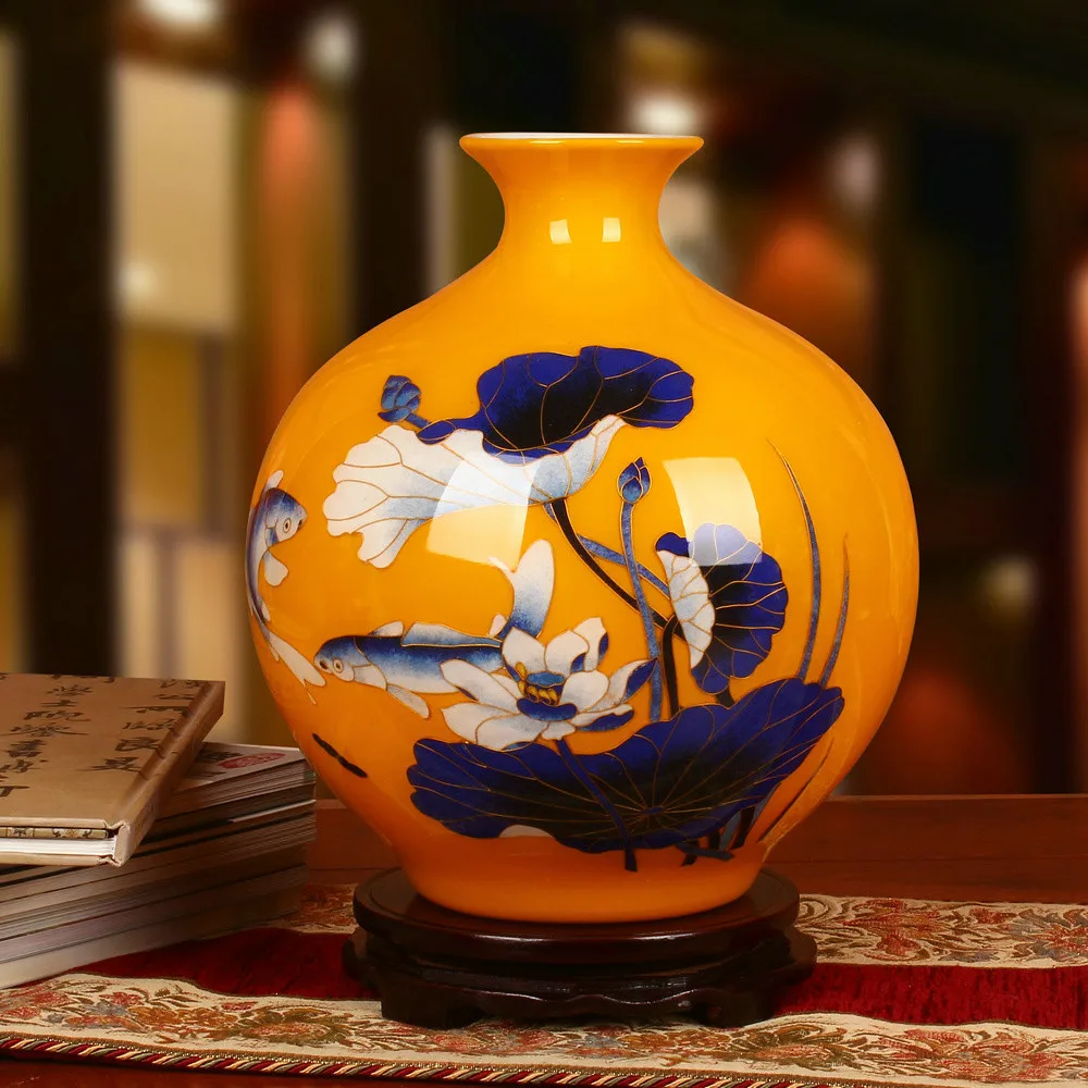 Антикварная фарфоровая Желтая Ваза Цзиндэчжэнь для цветов украшение дома очень