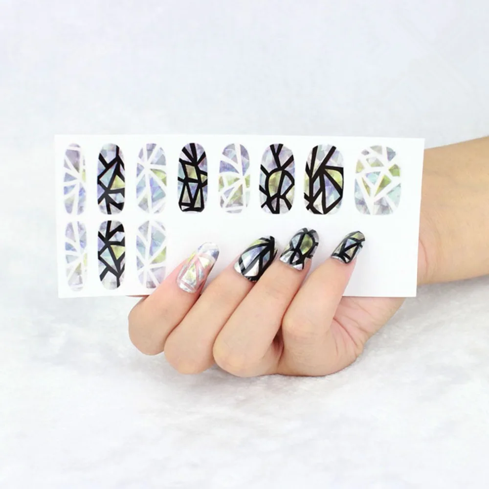 Красота наклейки для ногтей Лазерный черный стиль разбитое стекло клей полное