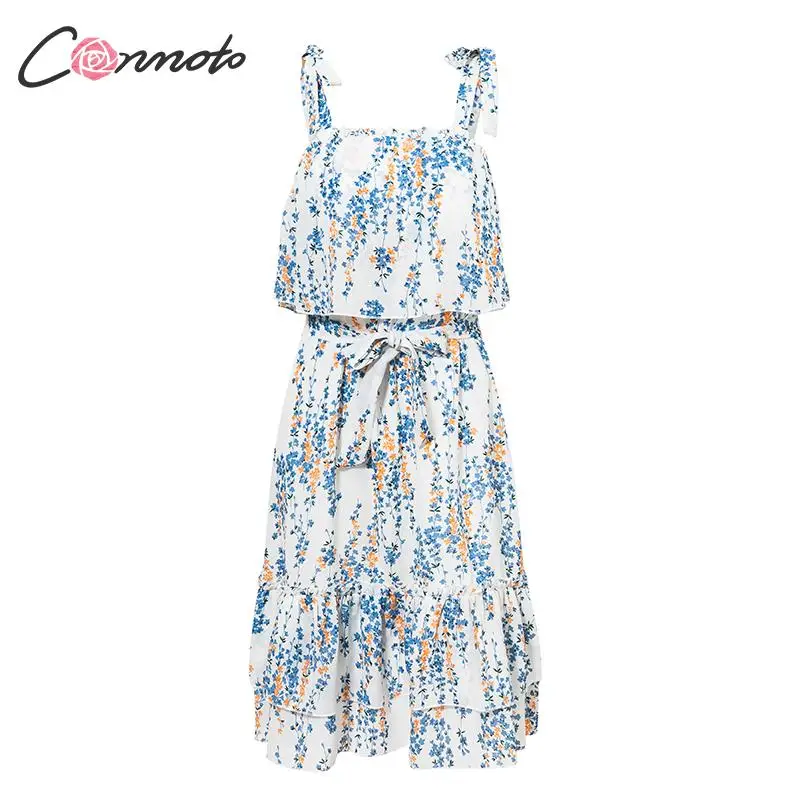 Conmoto Летнее бандажное платье миди с высокой талией летнее воланами шифоновое