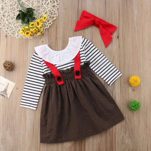 New Kid Girl Long Sleeve Stripe Brace Dress Headband Clothes 2Pcs Newborn Baby Princess Strap Tutu | Детская одежда и обувь