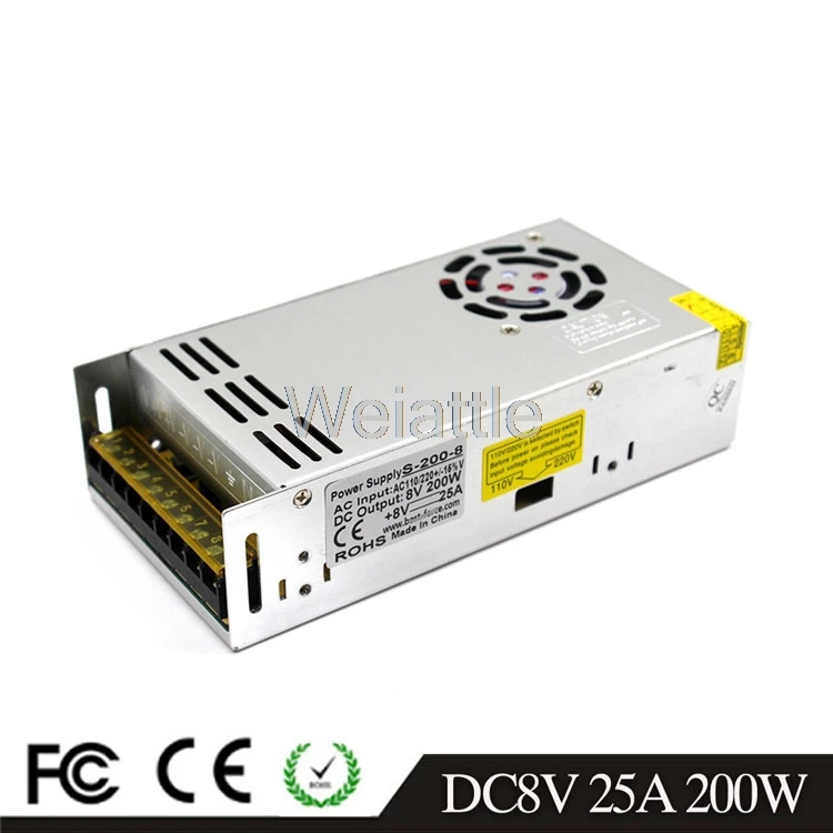 8V 25A 200W LED свет ремень драйвер импульсный источник питания 110/220vac-dc8v постоянного