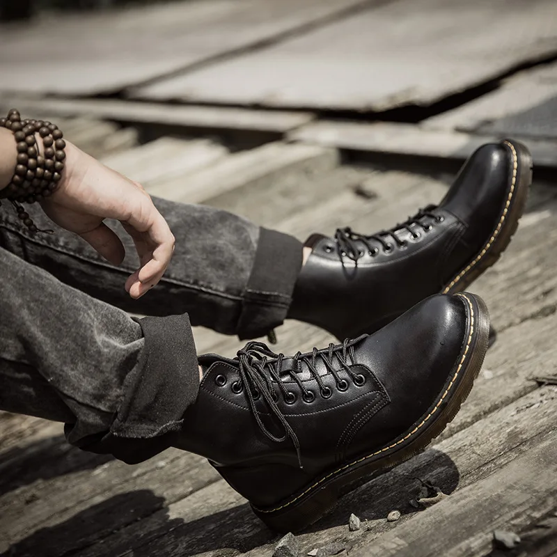 Новые с высокой посадкой зима заклепки мужские ботинки кожаные мартенс | Обувь