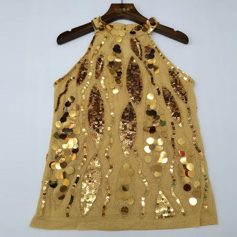 Stunning Women Beaded Sequin Tank Top Sexy Halter Sleeveless Cold Shoulder Short Vest with Appliques Festival Raves Clubwear | Женская