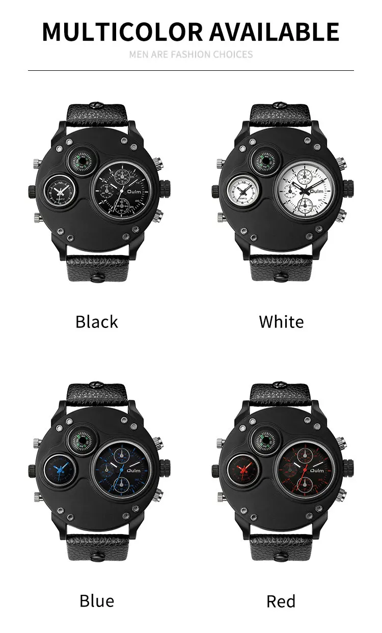 OULM Outdoor Sports Watch Men Quartz Double Time Zone Display Black Leather Strap Big Size Case Top Brand Luxury Wristwatches | Наручные