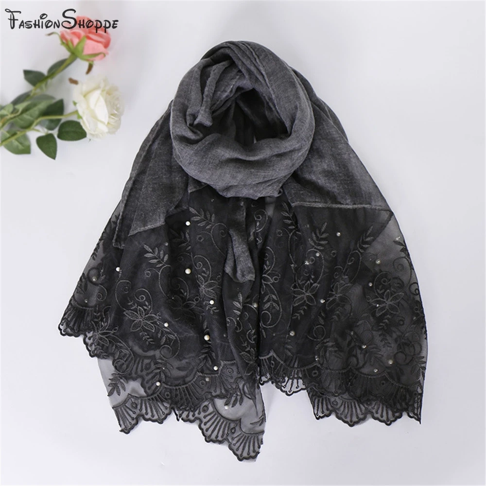 Однотонная двухсторонняя кружевная Женская шаль хиджаб мусульманский шарф с