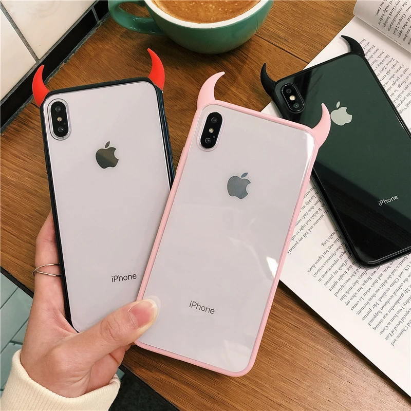 Милый чехол с рогом дьявола для iPhone XS Max XR 6 6S 7 8 Plus полностью защитный акриловый