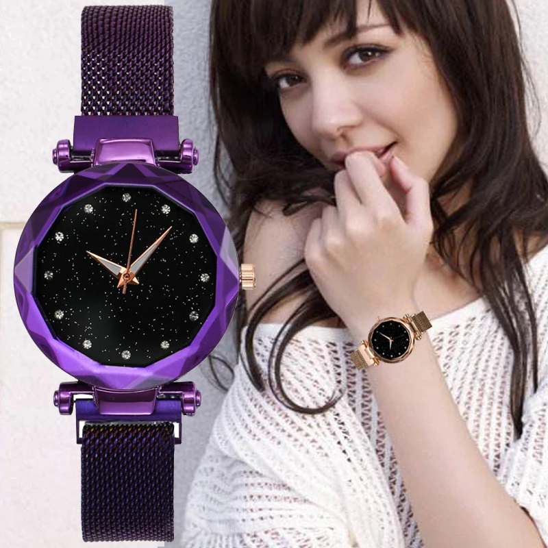 Лидирующий бренд часы для женщин розовое золото сетка магнитная пряжка Звездные