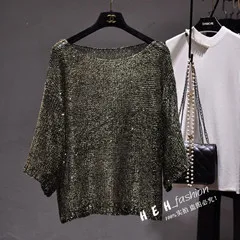 black gold Cakucool для женщин блестками трикотажные топы корректирующие рубашка Slash средства ухода за кожей шеи с длинным Расклешенным рукавом футболк - Цвет: black gold