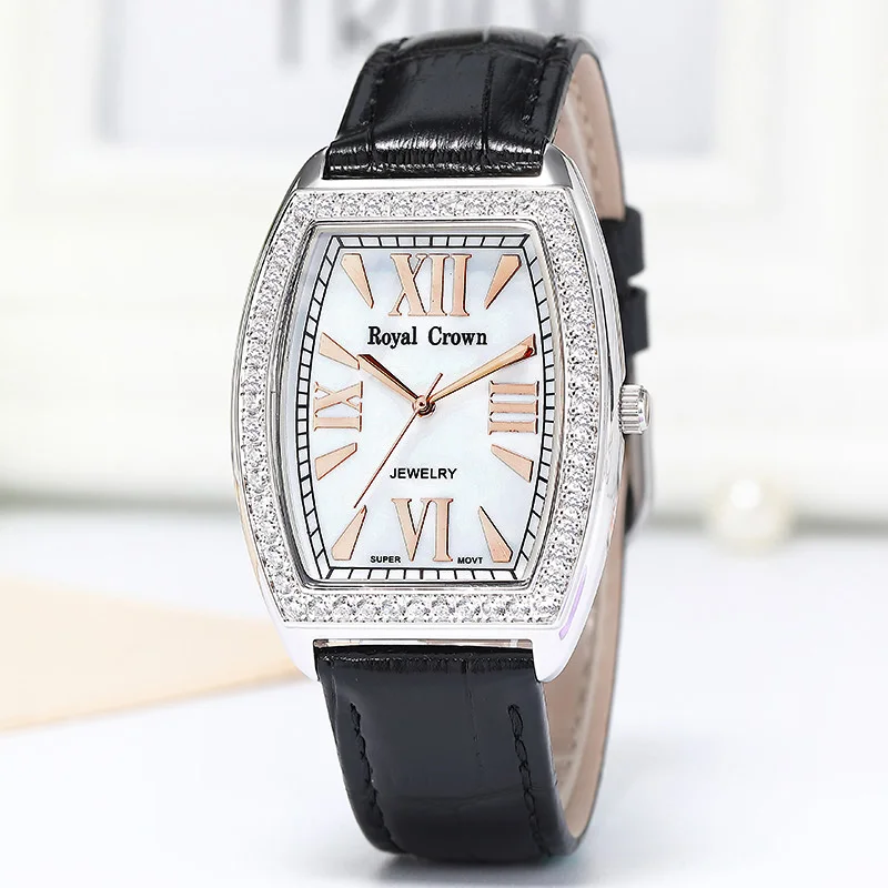 Royal Crown Luxury Men's Lady Women's Watch Japan Quartz Fashion Hours Colorful Bracelet Rhinestone Girl Boy Birthday Gift Box - Цвет: Large Black