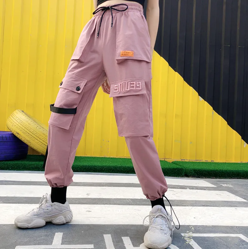 

Streetwear embroidery Pants Women Casual Joggers Big Pocket Pants 2021 High Waist Female Trousers Loose Ladies Cargo Pants