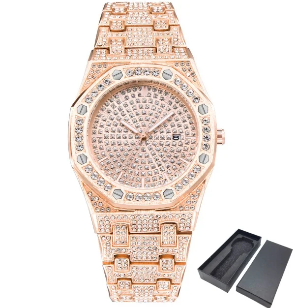 rose gold-box Шикарные бриллиантовые часы для мужчин Iced Out роскошные мужские s кварцевые часы мужские наручные часы серебро Нержавеющая сталь Relogio Masculino - Цвет: rose gold-box