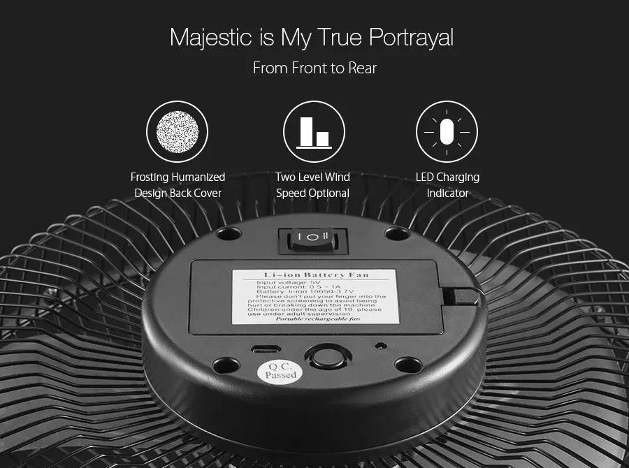 Digoo DF-101 полностью черный металлический Электрический вращающийся на 360 градусов USB перезаряжаемый аккумулятор 18650 10 дюймов Большой крутой Настольный вентилятор