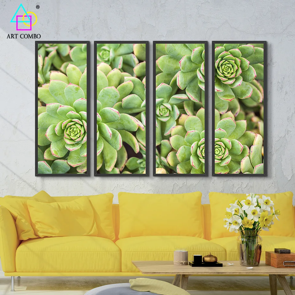 4 Панелей Реализм Живопись Красивый Цветок Расцветает Мясистые Растения Рисунок