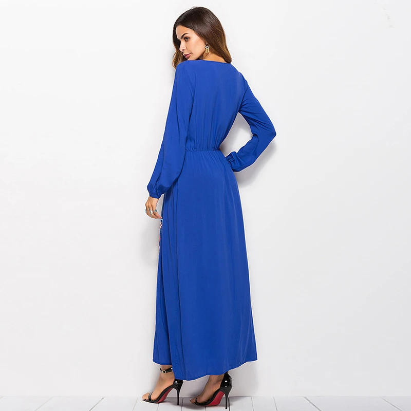Летние Повседневное Boho Макси женское платье с длинным рукавом цвет: черный синий