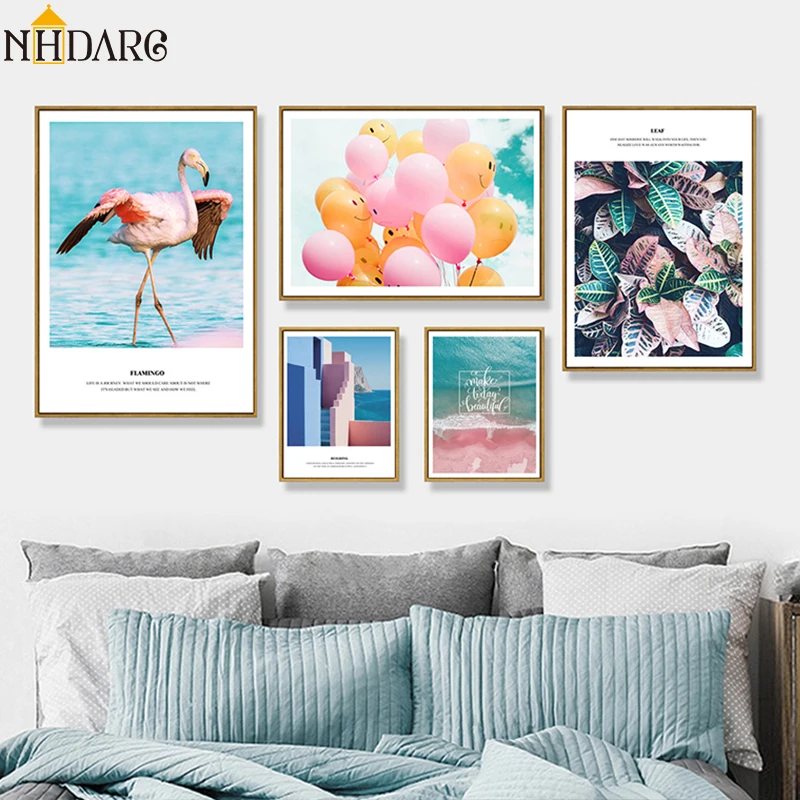 

Pink Balloon Seascape Flaming Leave Plant Nordic Canvas Poster Painting Scandinavian Decorative Picture Modern Living Room Decor