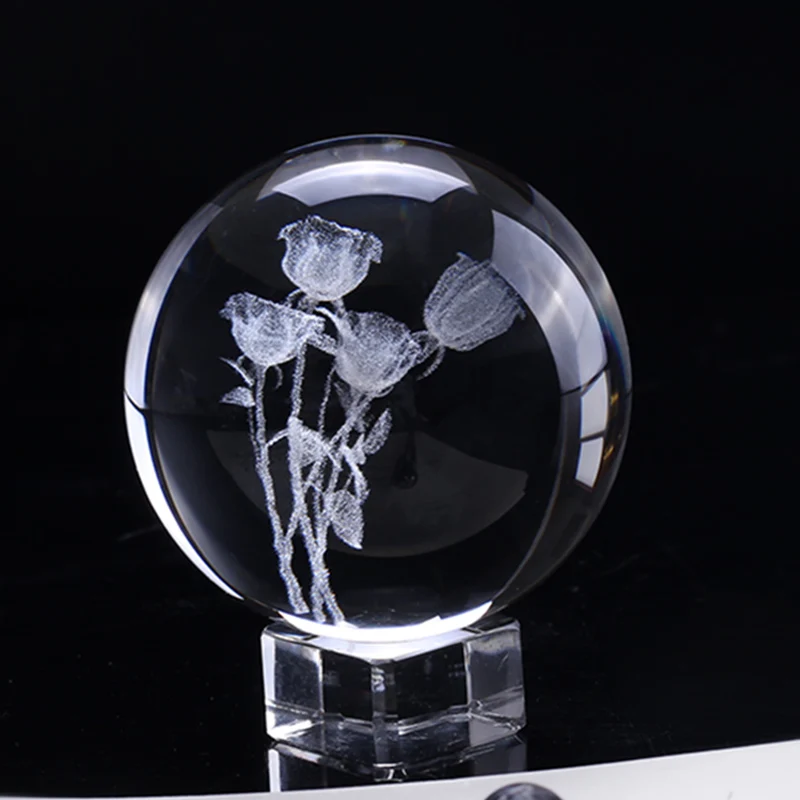 With crystal base 60 мм 3D хрустальные розы шар миниатюрный цветок кварцевый Глобус лазерная гравировка хрустальные ремесла Сфера домашний декор свадебный подарок орнамент - Цвет: With crystal base