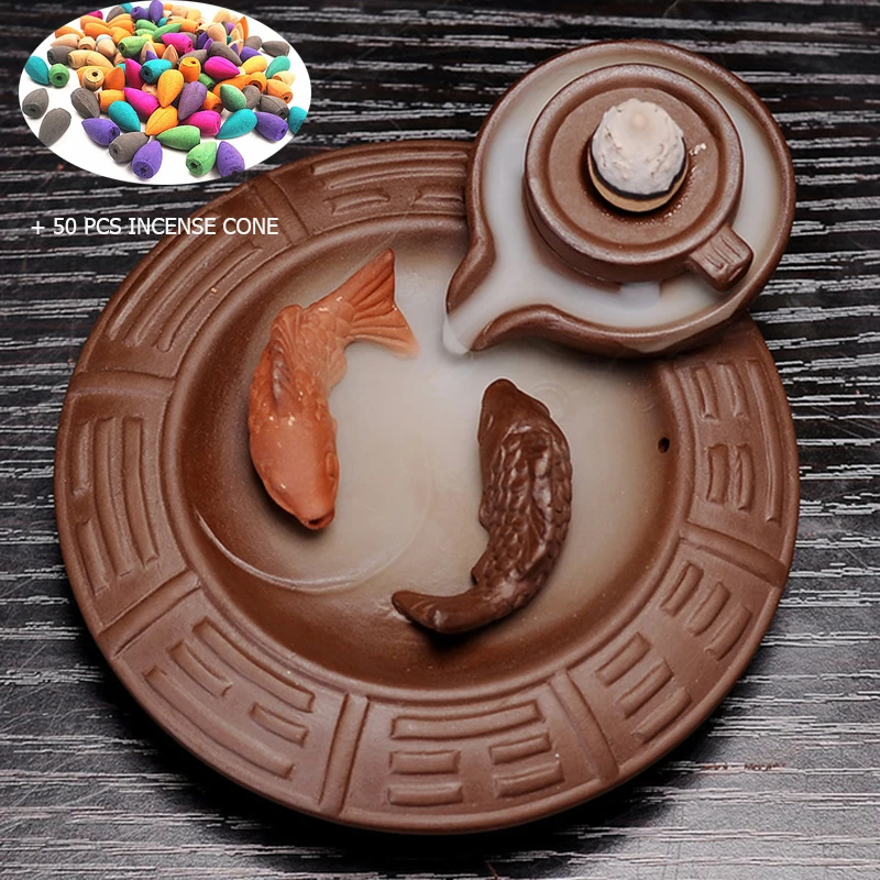 Конусная курильница с 2 котиками обратным потоком керамическая Будды из