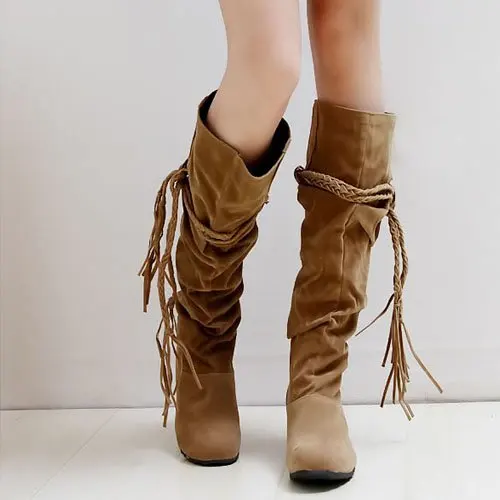 Large size boots US 4-11 New Pink Sexy Velvet Knee High Flat Boots Snow Round toe Bowtie Ladies' shoes QCH-2 | Обувь