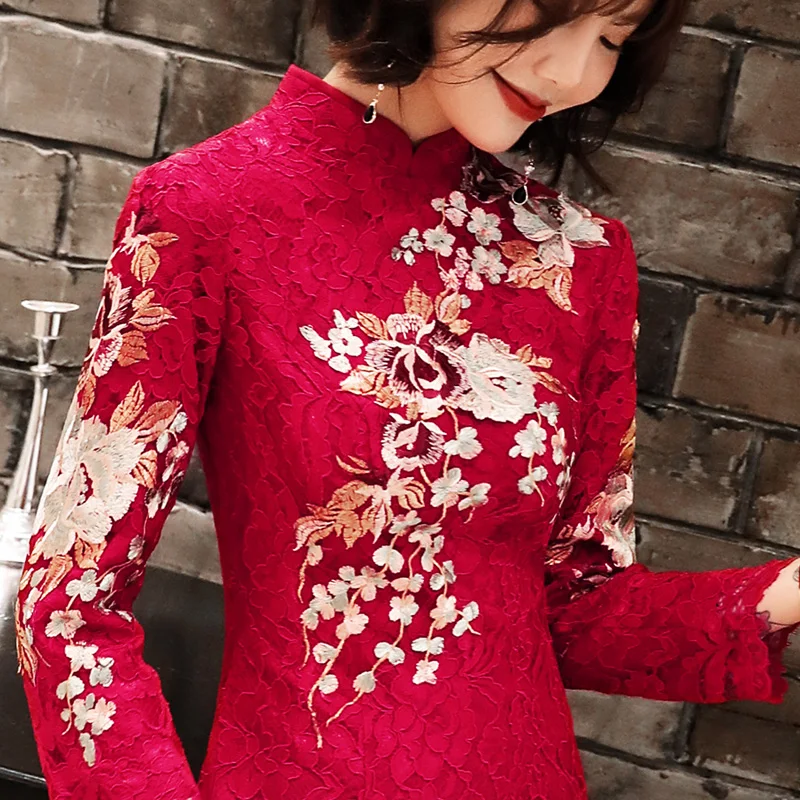 Свадебное платье с вышивкой и воротником мандарин Элегантное Длинное для