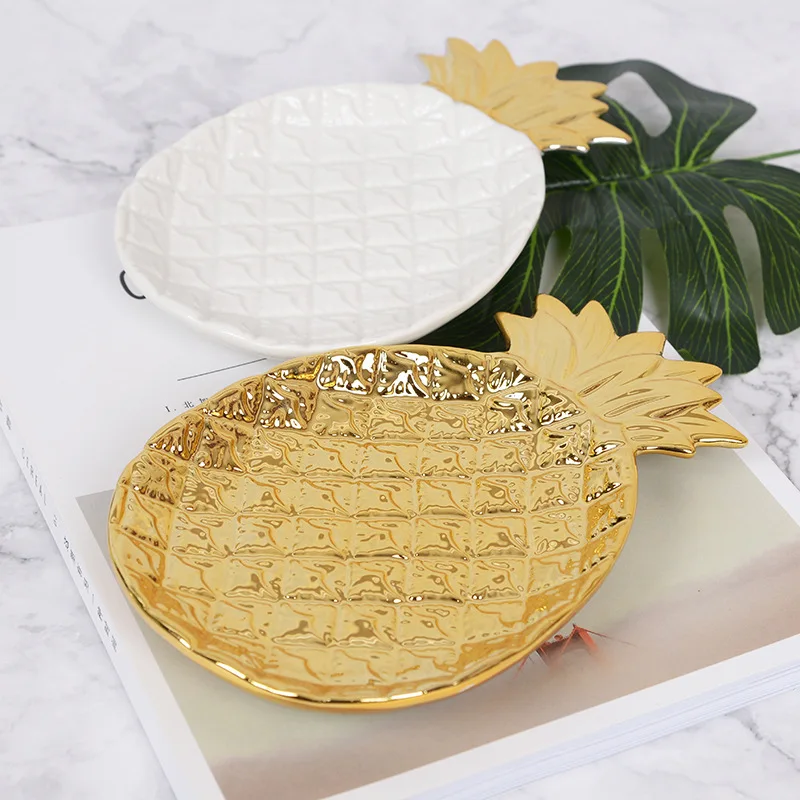

Creative Ceramic Pineapple Leaf Storage Tray Plate Nordic Golden Cosmetic Jewelry Sundries Storage Home Decoration Organizer