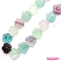 high quality 12mm 15mm natural multicolor fluorite stone carving flowers flat shape diy gems loose beads strand 15 w3665